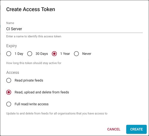 Create personal access token dialog