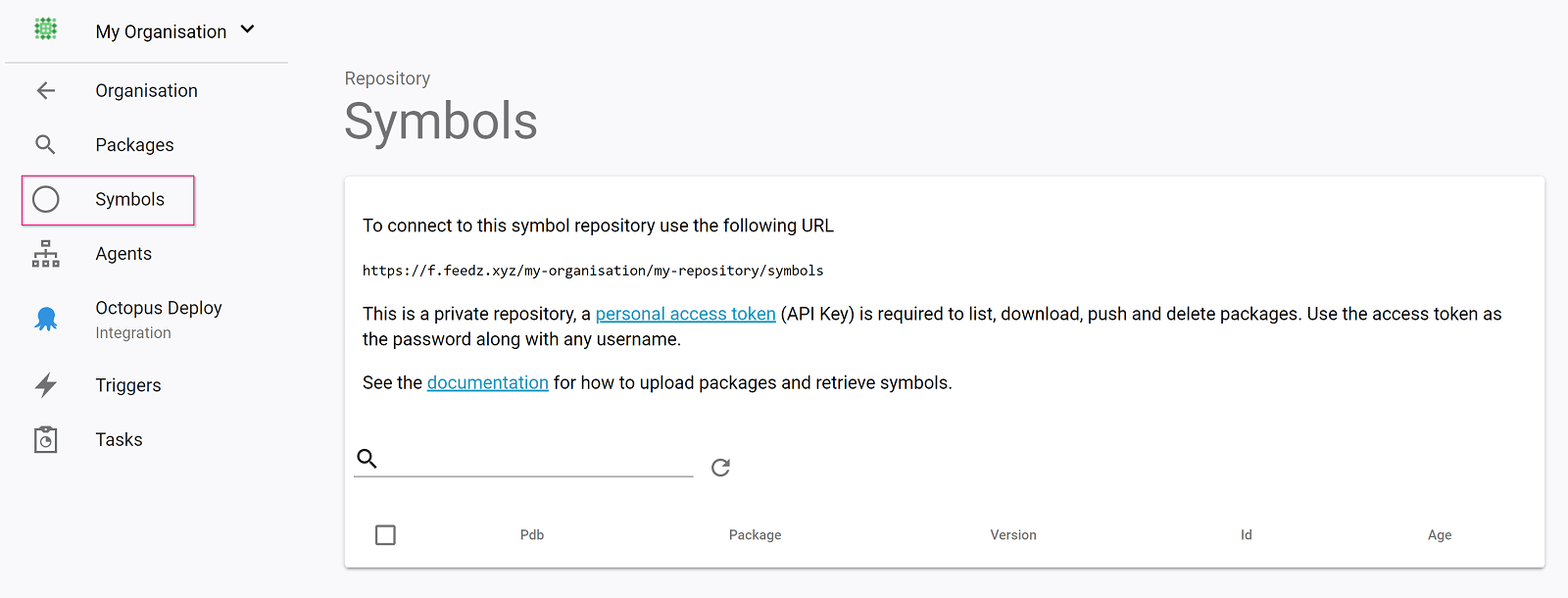 Symbol packages search in the Feedz portal