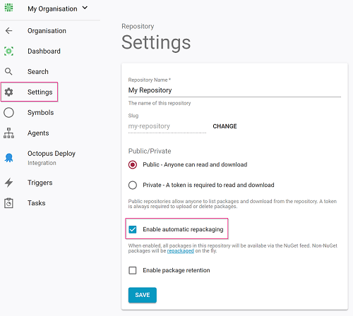Automatic repackaging setting in repository settings