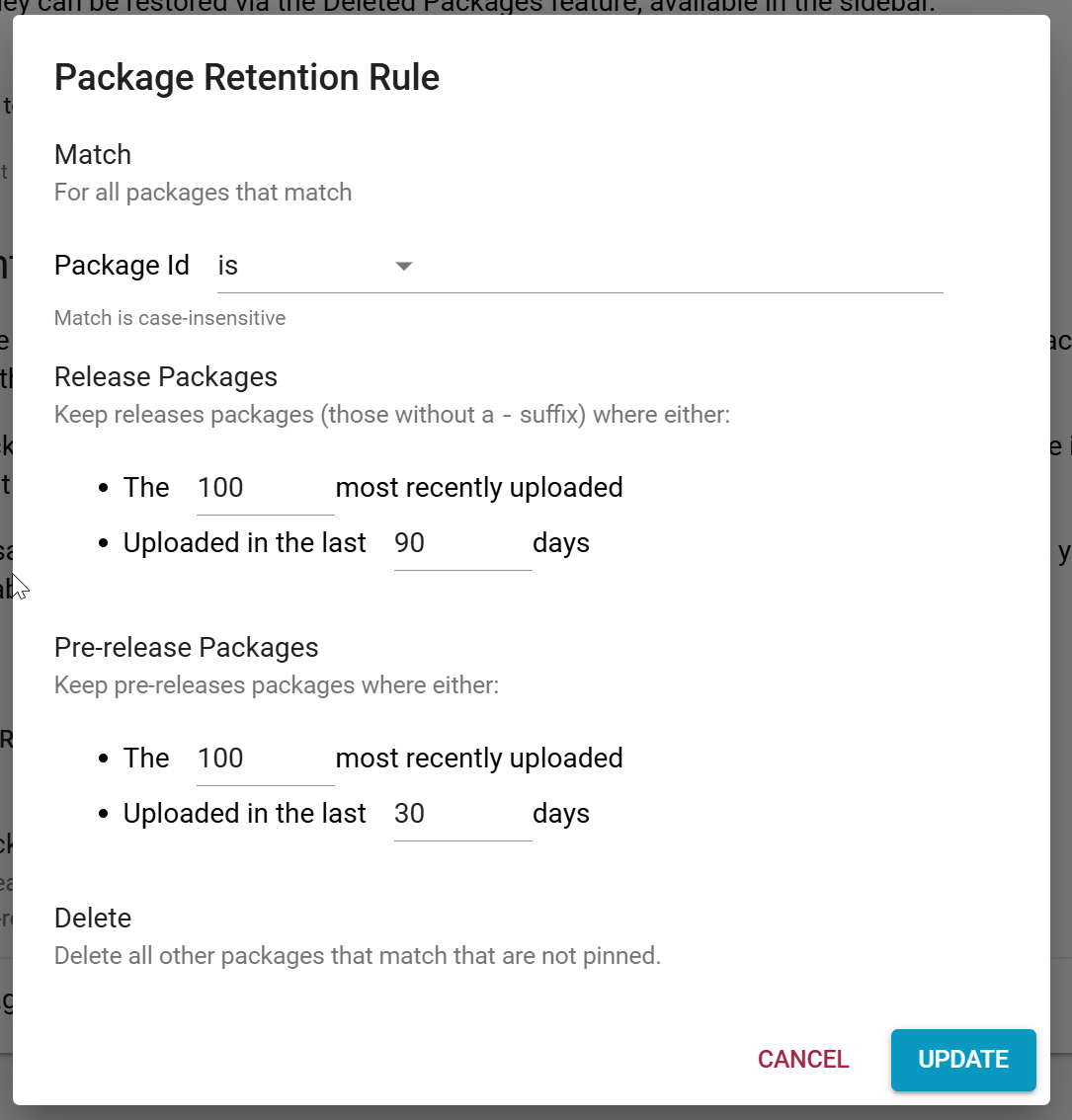 Package retention rule dialog