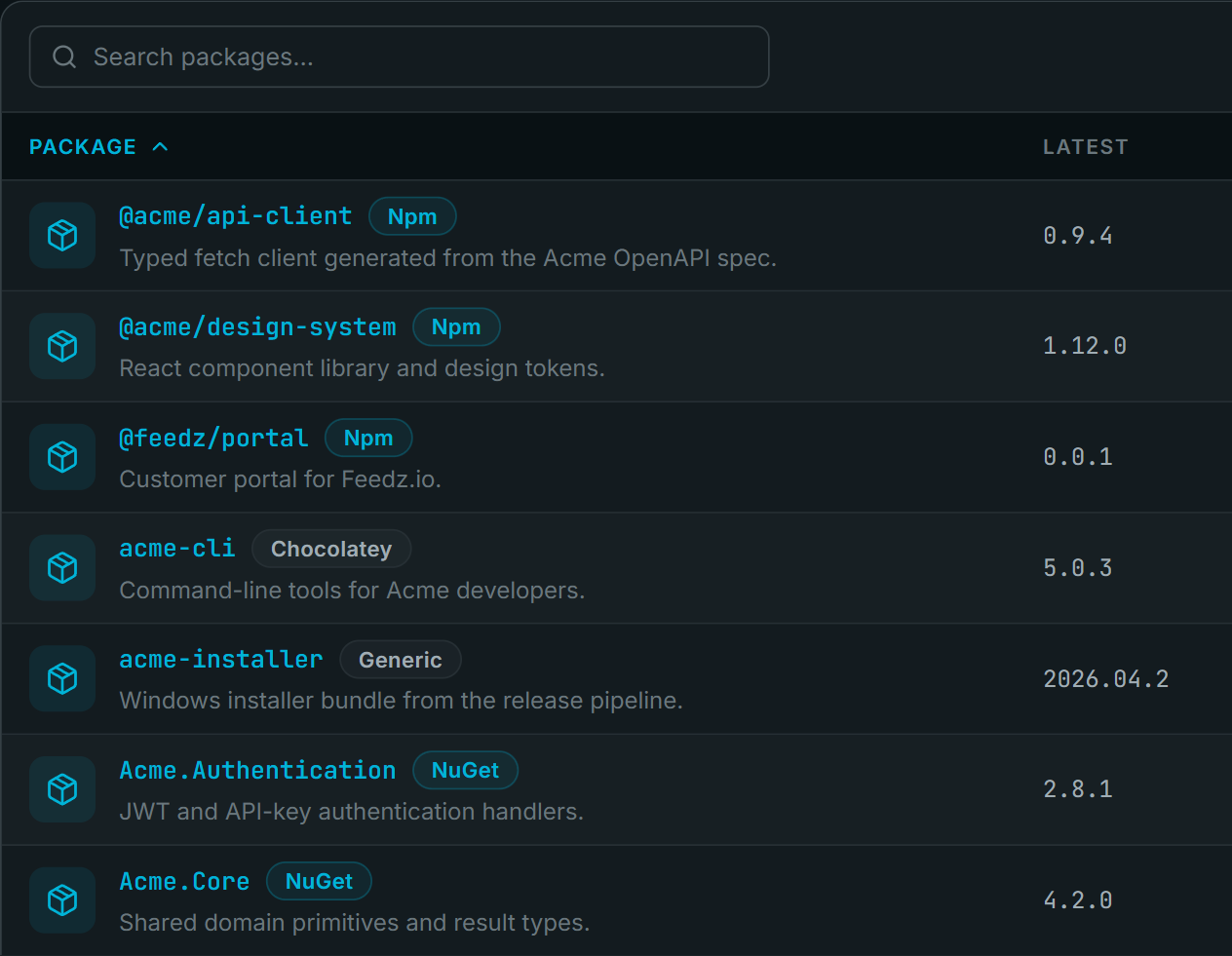 The Feedz portal showing the package list for a repository, with NuGet, npm, Chocolatey and generic packages